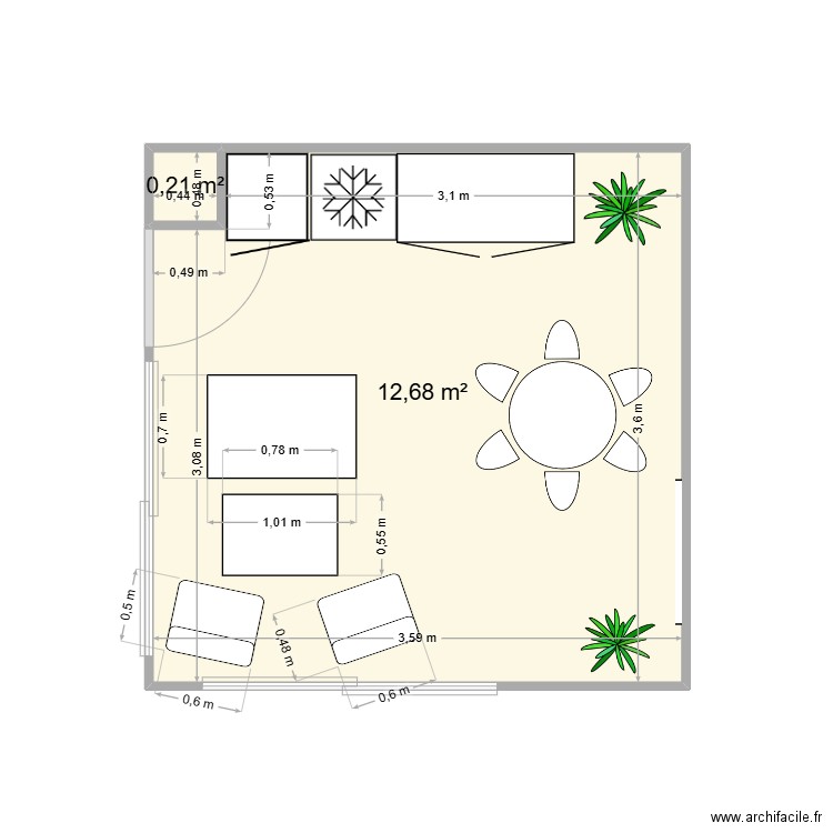 salle repos. Plan de 2 pièces et 13 m2
