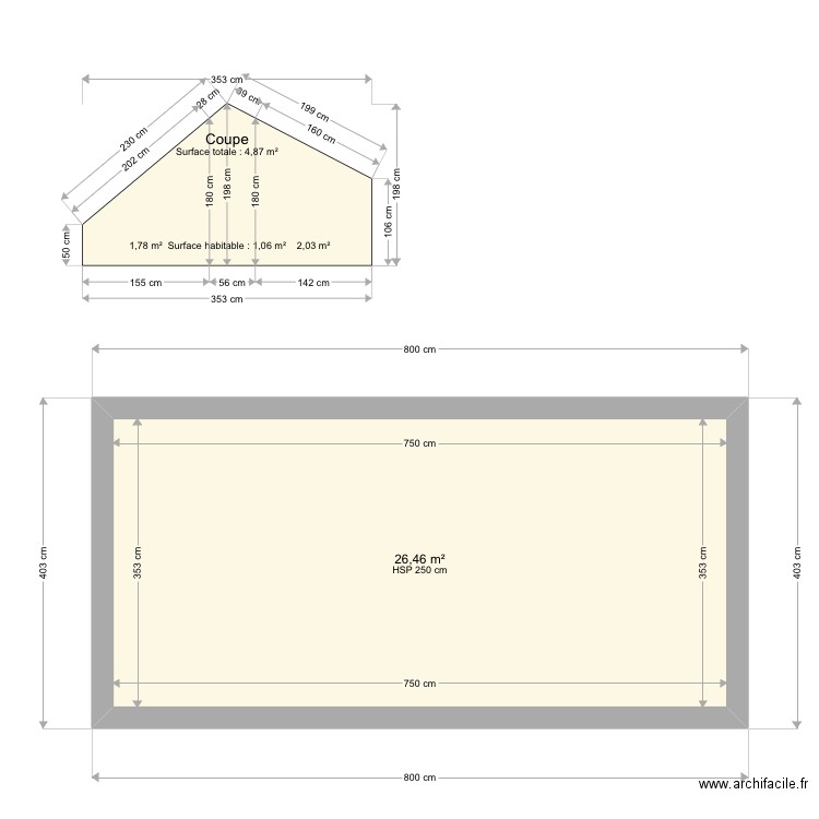 Coupe tours. Plan de 1 pièce et 26 m2