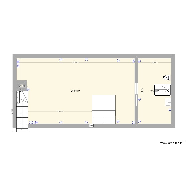 Plan comble avec prise. Plan de 3 pièces et 47 m2