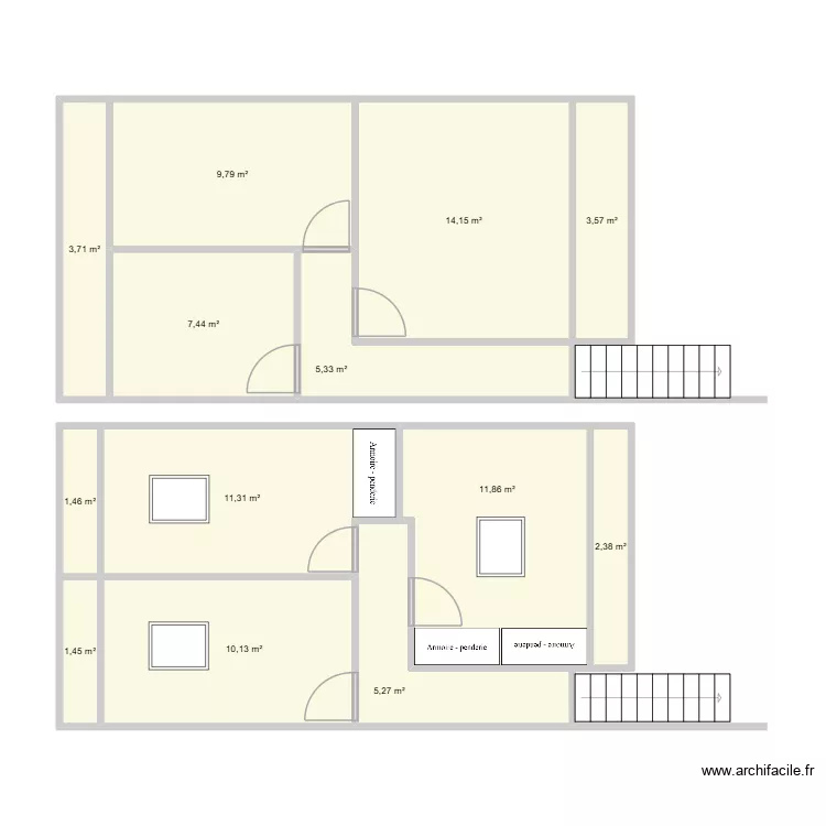Illustration B&egrave;gles - Etage. Plan de 13 pièces et 88 m²