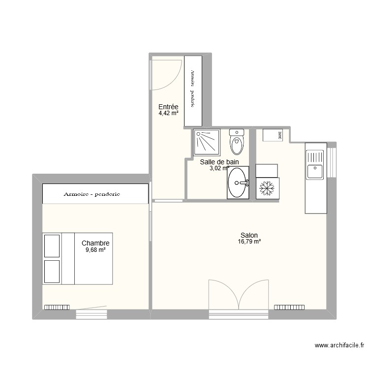Guy. Plan de 4 pièces et 34 m2