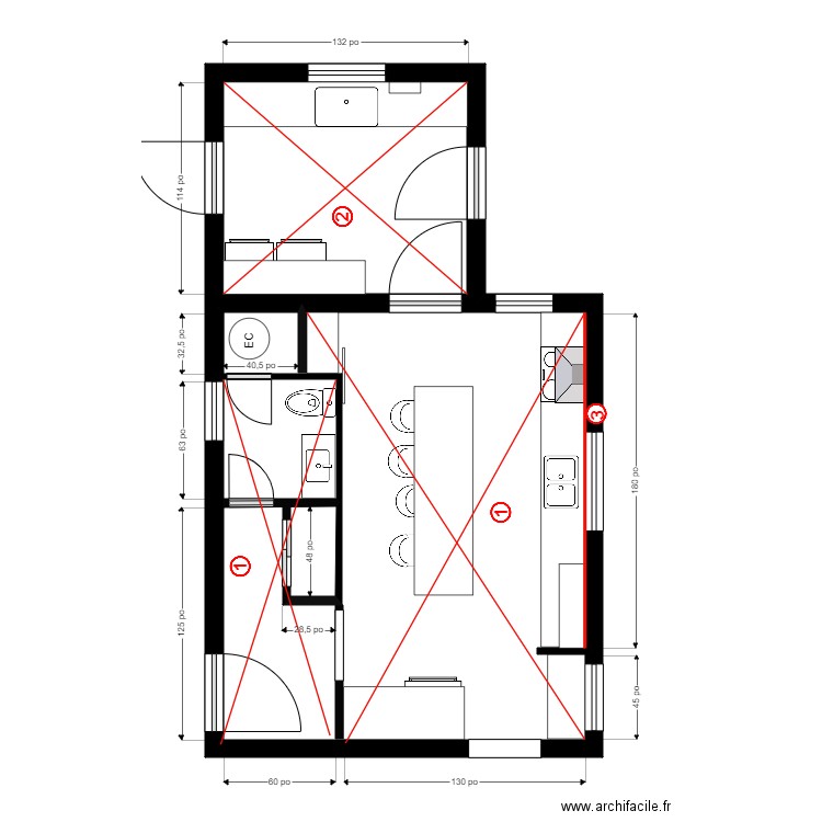JF Collard Cuisine Pose. Plan de 2 pièces et 38 m2