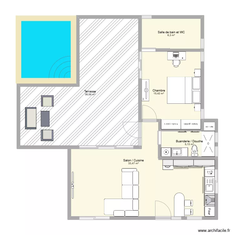 T2 de 60 m2 + piscine. Plan de 