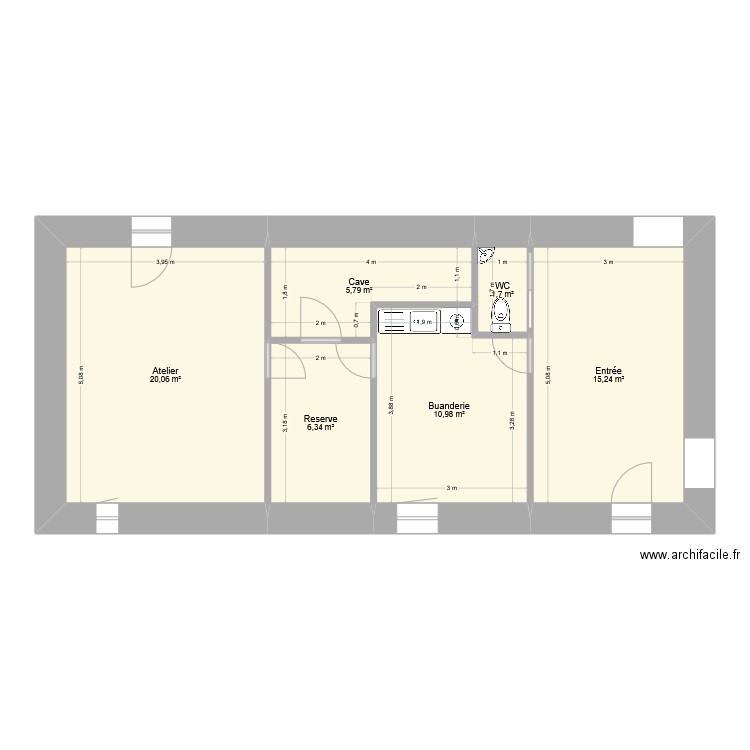 RDC sud ouest. Plan de 6 pièces et 60 m2