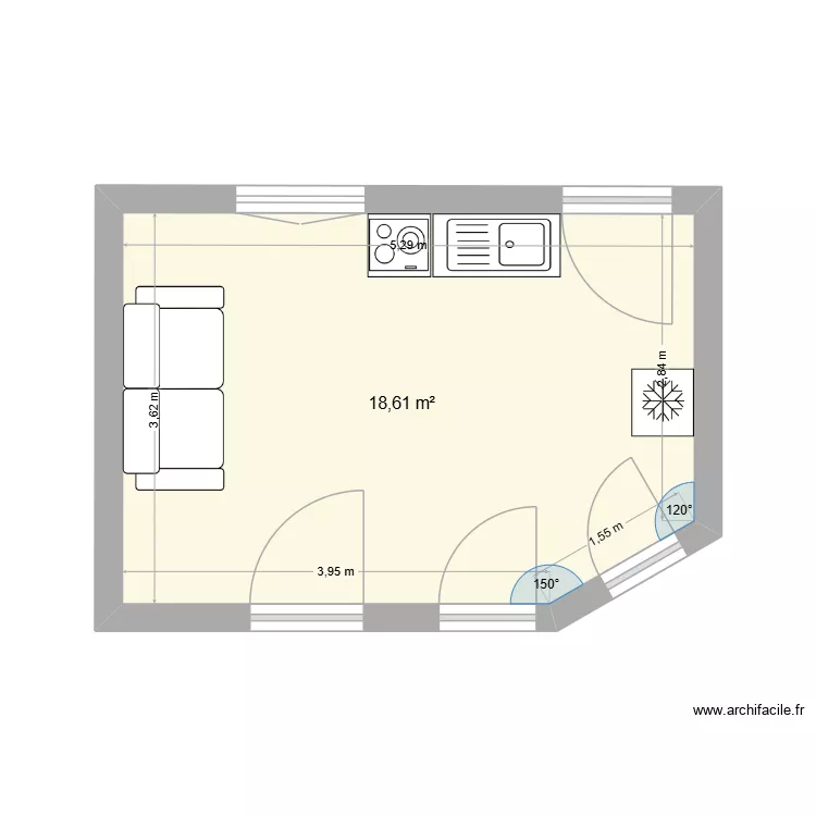 s&eacute;jour cuisine RCH gauche. Plan de 1  et 19 m²