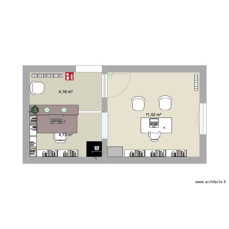 Bureau et accueil V2. Plan de 3 pièces et 20 m2