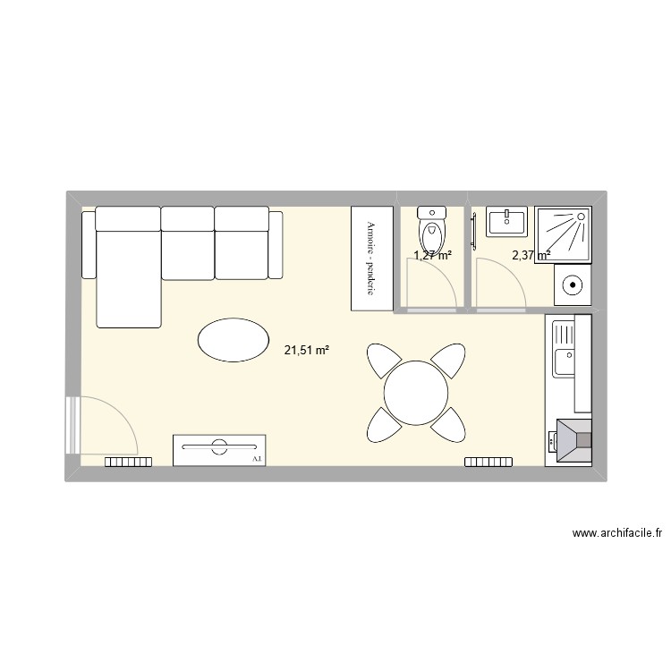 STUDIO 25m² bis. Plan de 3 pièces et 25 m2
