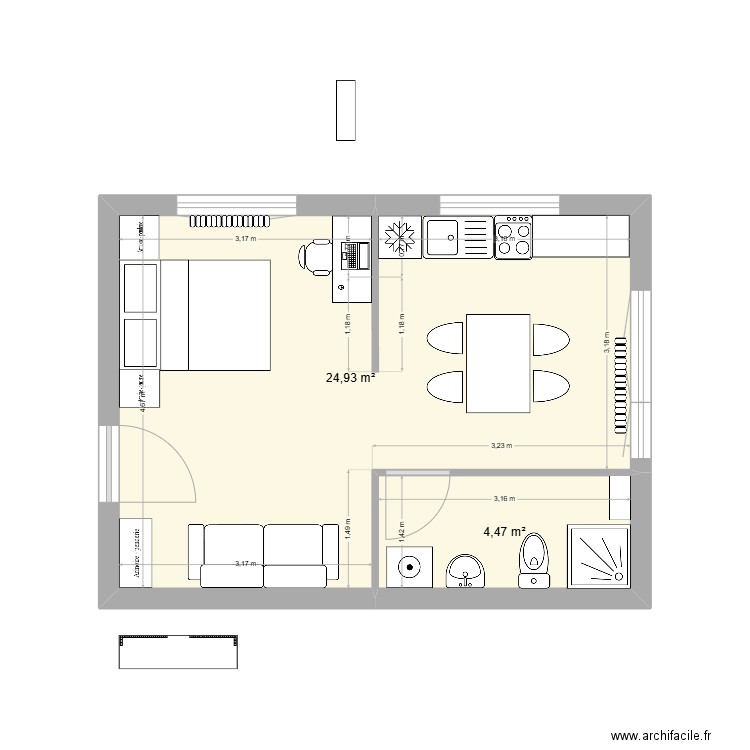 Studio  solution 2. Plan de 2 pièces et 29 m2