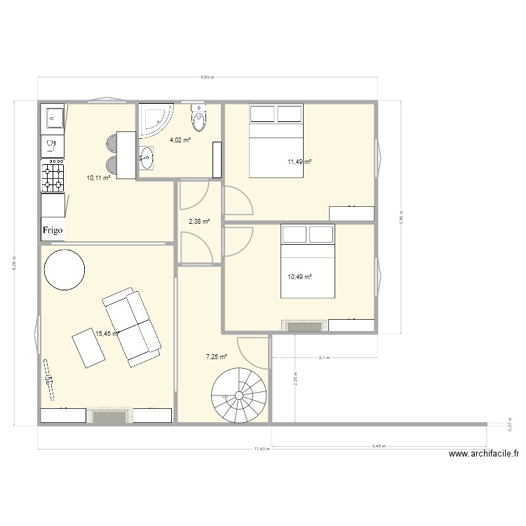Axel 3. Plan de 7 pièces et 61 m2