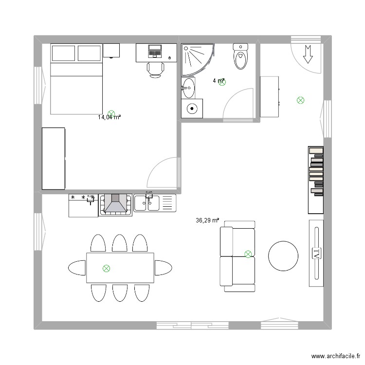 studio. Plan de 3 pièces et 54 m2
