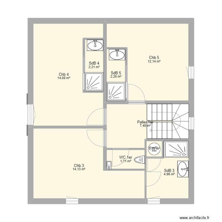 CSH 2021 1er étage. Plan de 9 pièces et 60 m2