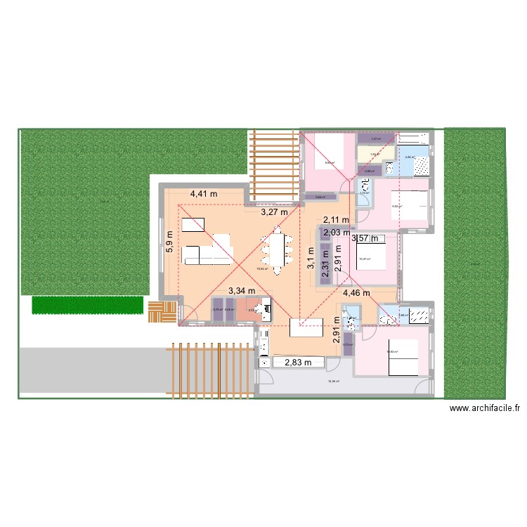 Pl4 passage est. Plan de 20 pièces et 145 m2