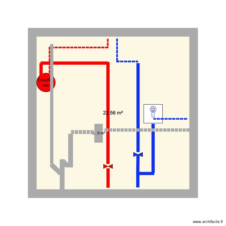 plomberie sous placard evier. Plan de 1 pièce et 23 m2