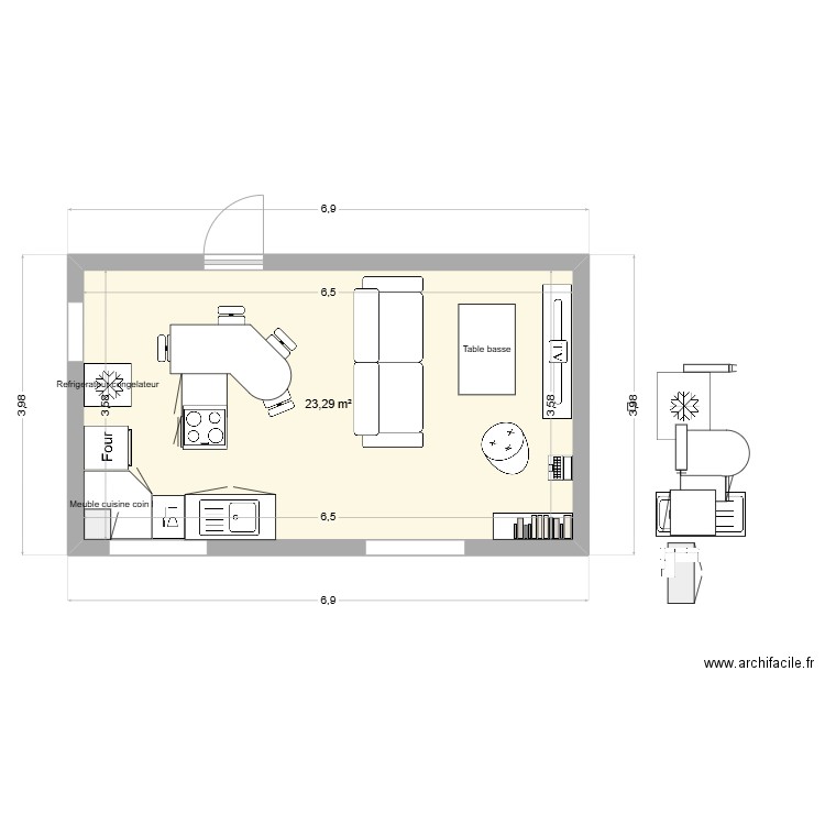 cuis kil. Plan de 1 pièce et 23 m2