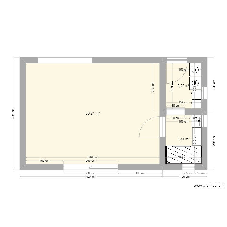 Projet Baton V1. Plan de 3 pièces et 33 m2