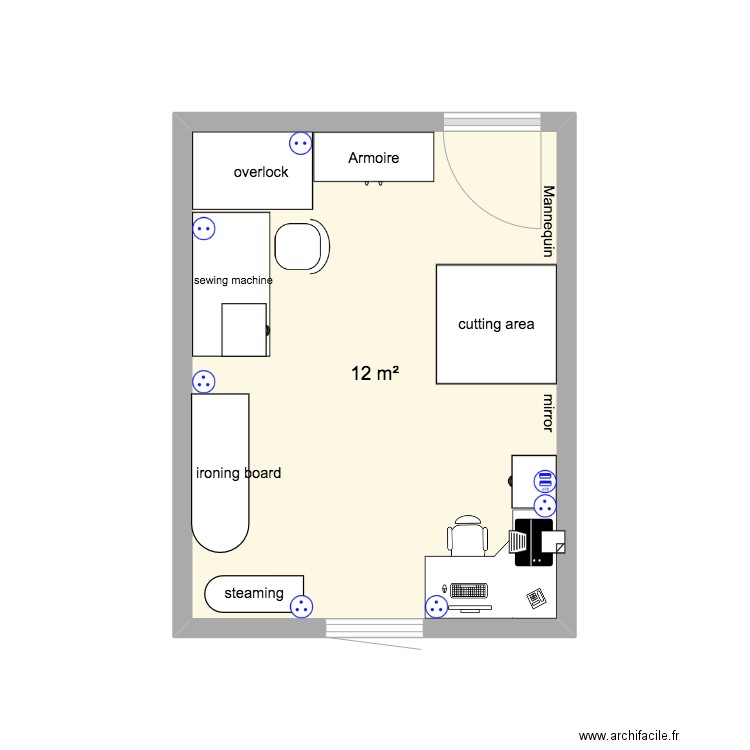 sewing area. Plan de 1 pièce et 12 m2