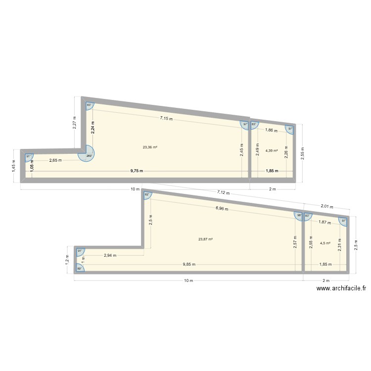 piece. Plan de 4 pièces et 56 m2
