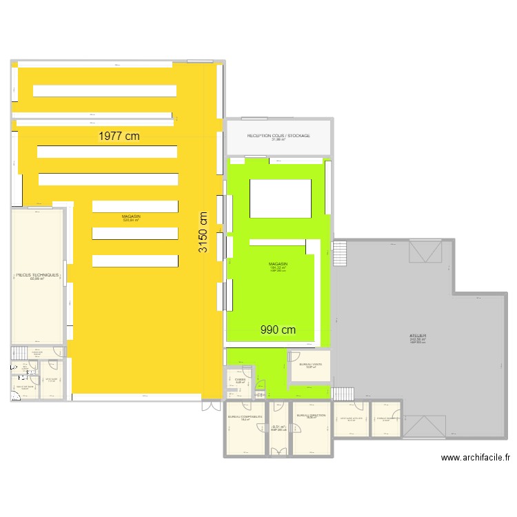 Magasin ERP. Plan de 17 pièces et 1158 m2