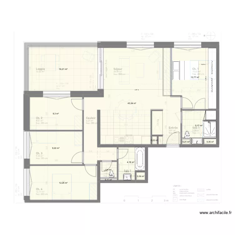 Plan de Base L+G meubl&eacute;. Plan de 14  et 116 m²