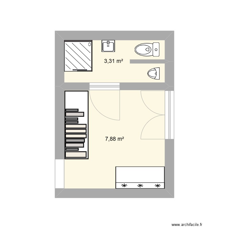 arriere cuisine V1. Plan de 2 pièces et 11 m2