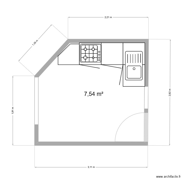 Saint guidon 1er gauche cuisine. Plan de 1 pièce et 8 m2