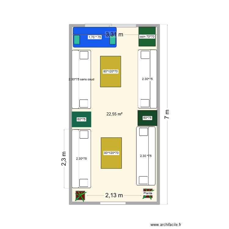 salon. Plan de 1 pièce et 23 m2