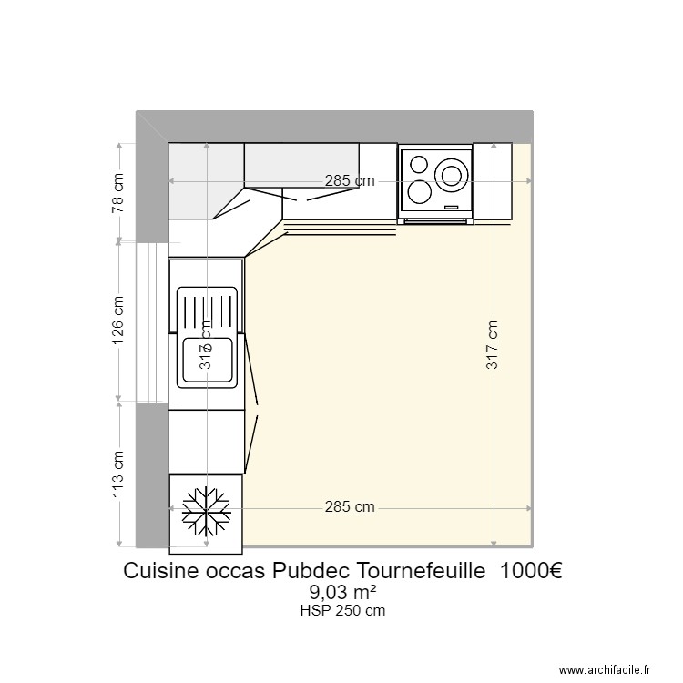 cuisine occas pudbec tournefeuille. Plan de 1 pièce et 9 m2