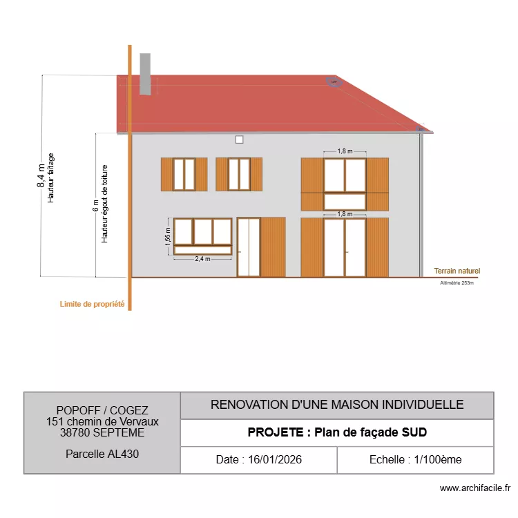 PLAN FACADE SUD projet&eacute;. Plan de 1  et 24 m²
