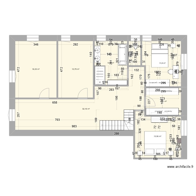 étage ferme. Plan de 3 pièces et 33 m2