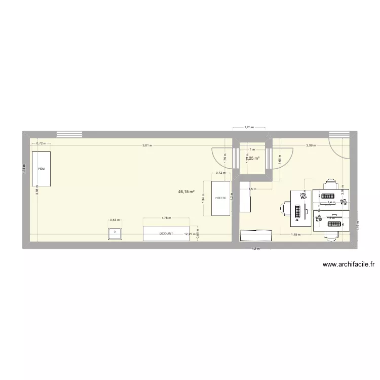 labo. Plan de 2 pièces et 47 m²