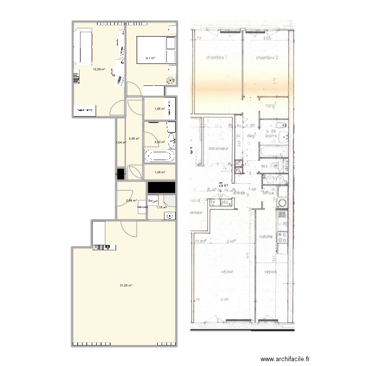 Plan Place Souham. Plan de 12 pièces et 69 m2