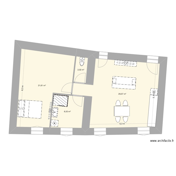 Apt 3 Meublé. Plan de 4 pièces et 60 m2