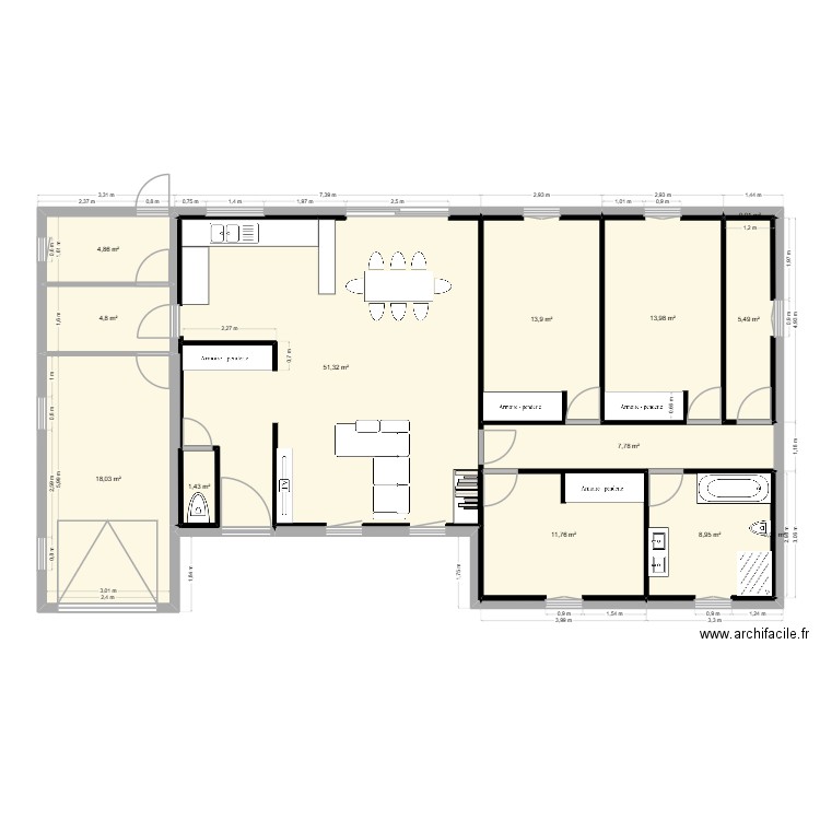 Projet plan 1. Plan de 13 pièces et 142 m2