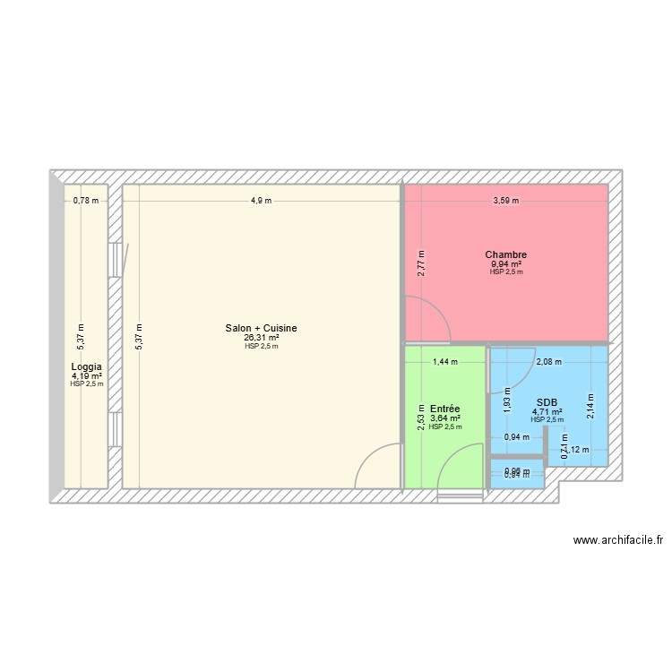 Plan Initial. Plan de 5 pièces et 49 m2