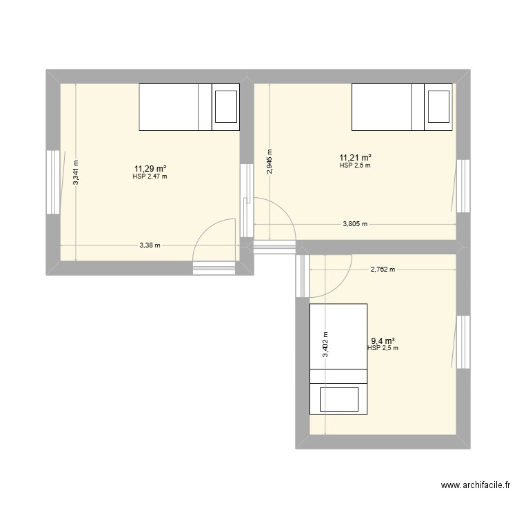 étage enfant. Plan de 3 pièces et 32 m2