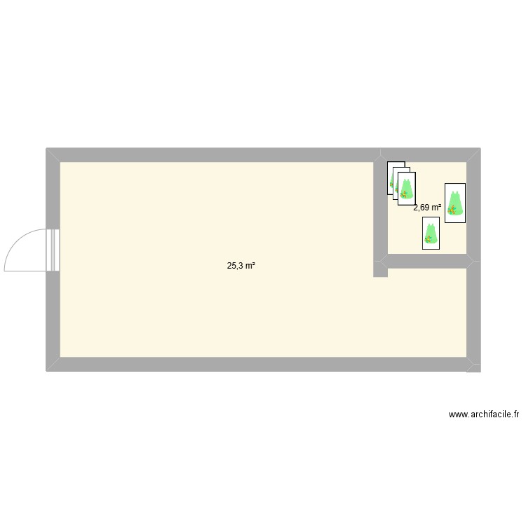 aménagement local poupon. Plan de 2 pièces et 28 m2