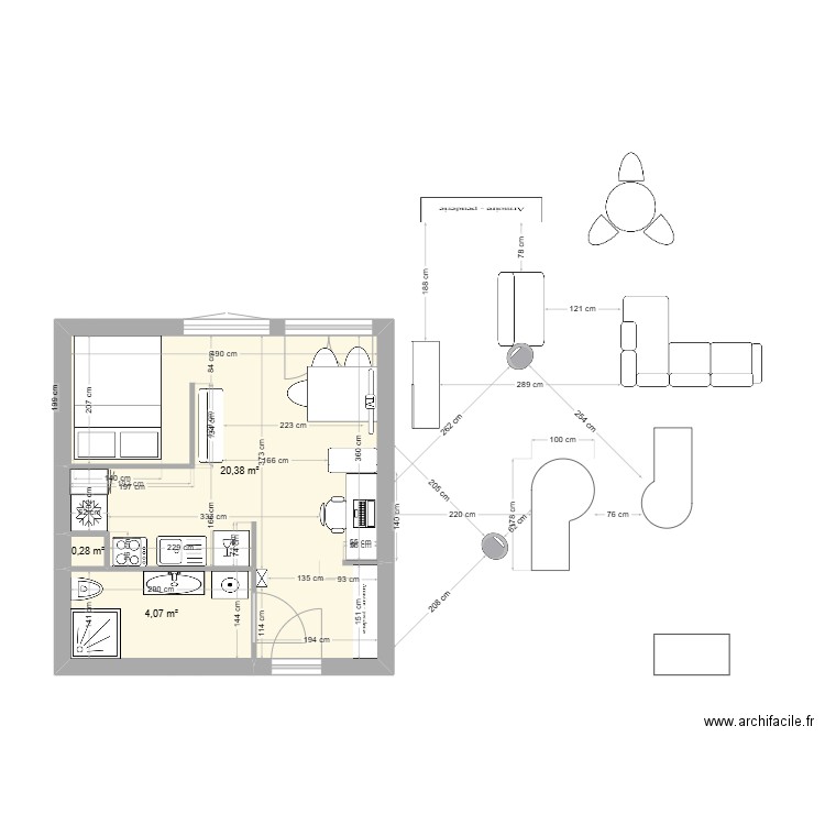 Saint Pierre. Plan de 3 pièces et 25 m2