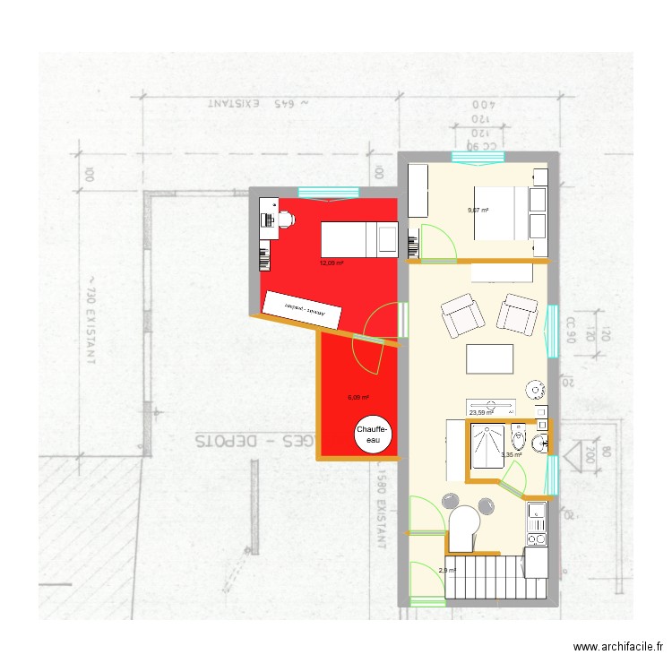 appartement rez. Plan de 6 pièces et 61 m2