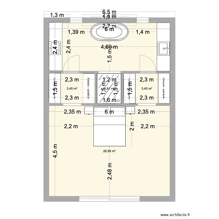 suite parentale. Plan de 5 pièces et 50 m2