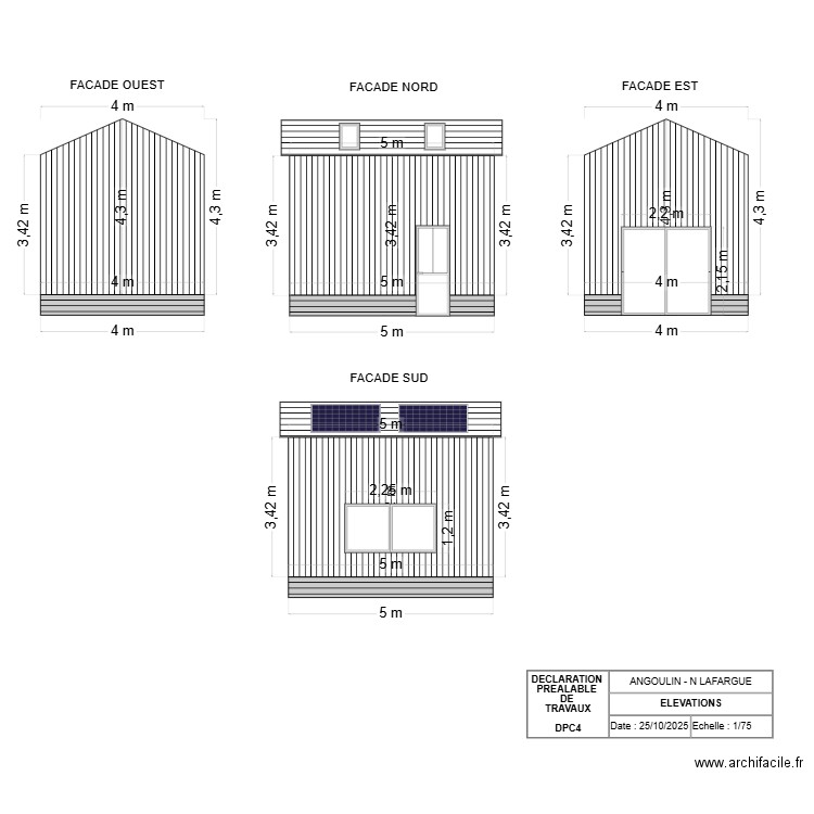 maison bois déclaration préalable Angoulin-ELEVATIONS. Plan de 2 pièces et 19 m2