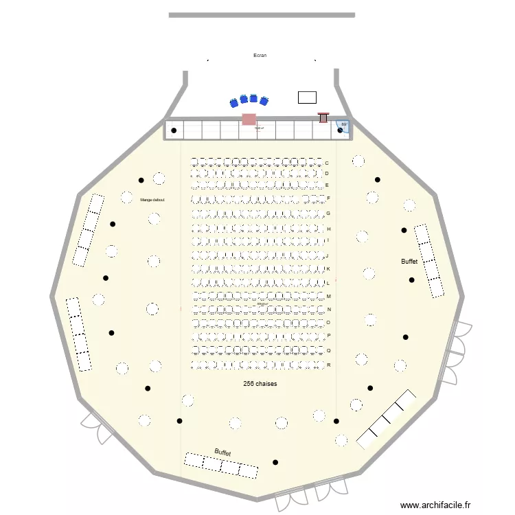 Grande salle 250 chaises et buffets. Plan de 2  et 522 m²