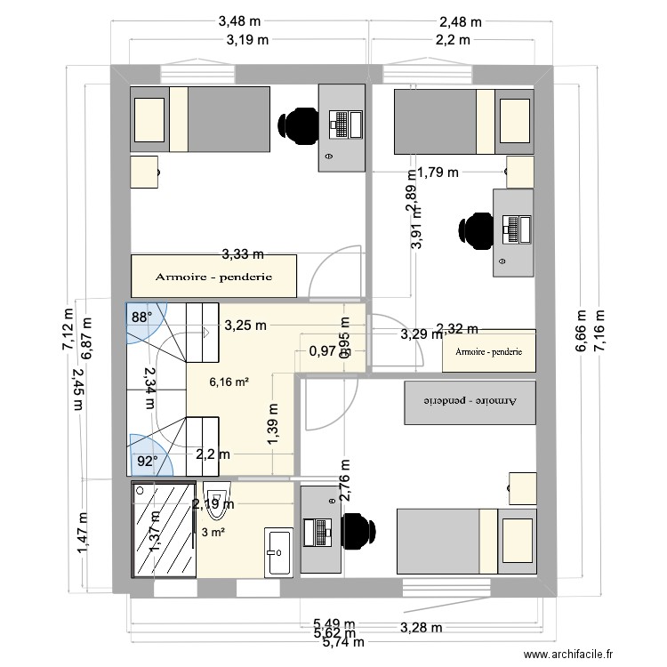 87 GS 1er étage avec douche ter. Plan de 2 pièces et 9 m2