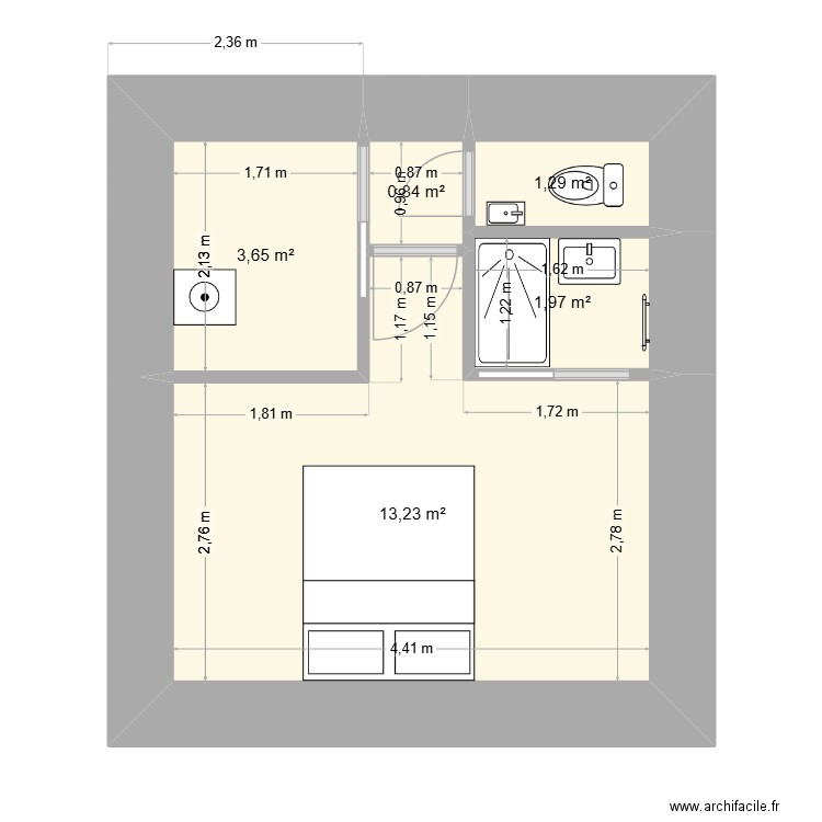suite parentale. Plan de 5 pièces et 21 m2