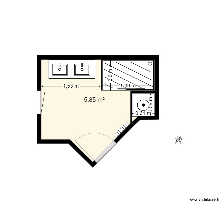 salle de bains dche rectangulaire v4. Plan de 1 pièce et 6 m2