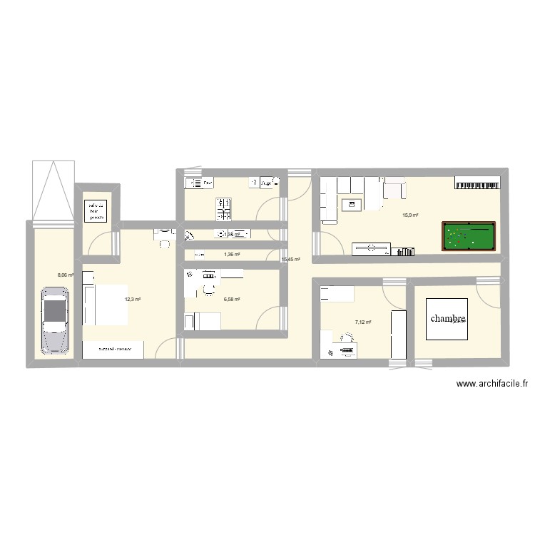 Maquette n3 A. Plan de 9 pièces et 75 m2