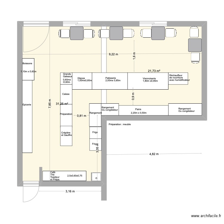 Patisserie. Ameublement. Plan de 2 pièces et 53 m2