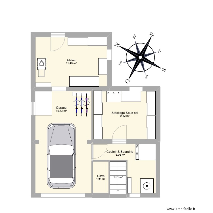 Maison_SousSol. Plan de 6 pièces et 49 m2