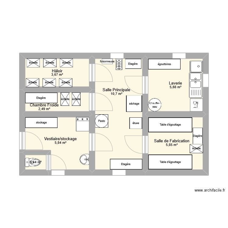 Fromagerie. Plan de 7 pièces et 35 m2