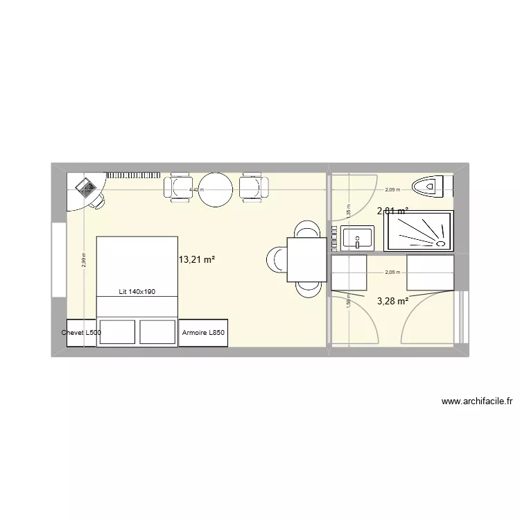 StudioPerigoudrine tvx5. Plan de 3  et 19 m²