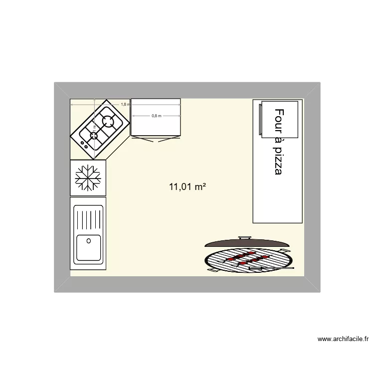 cuisine ext&eacute;rieure 2-2. Plan de 1  et 11 m²